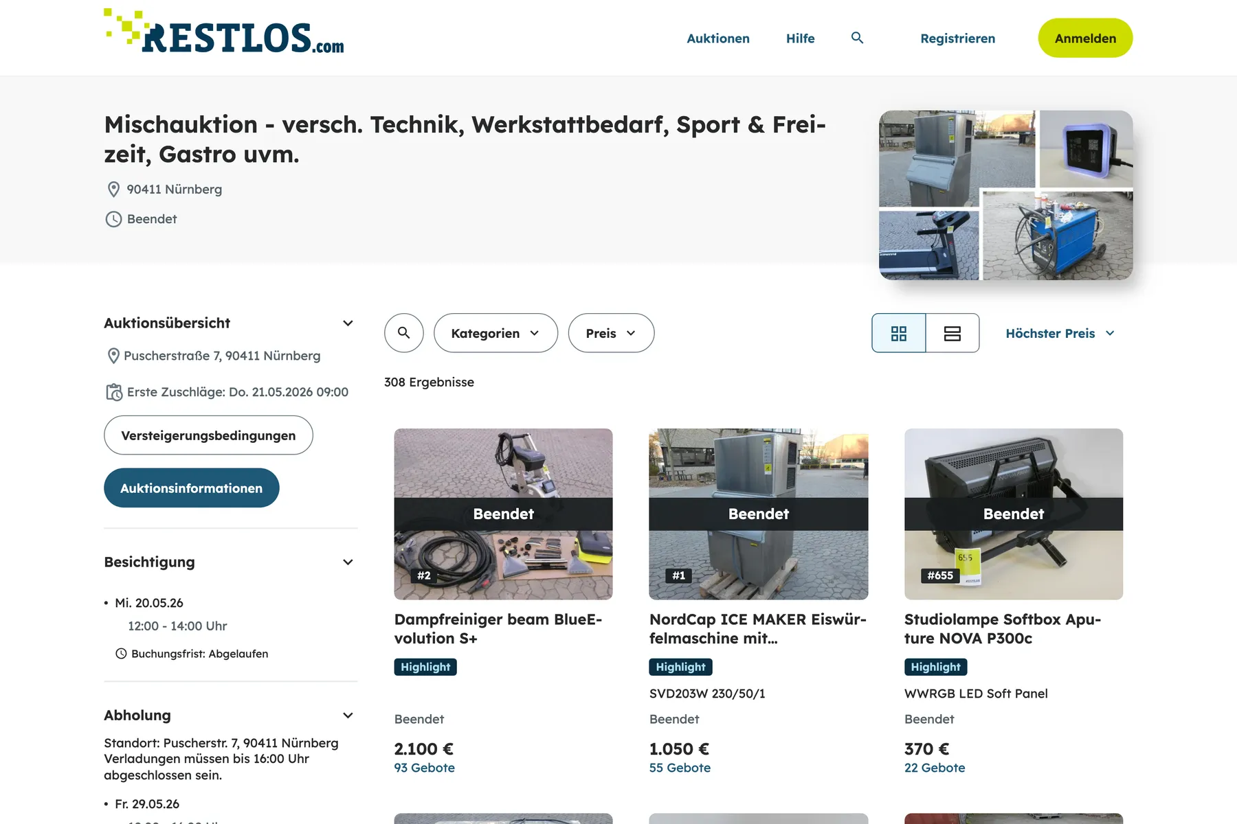 An auction on the Restlos platform: lot catalogue with bid counts, viewing and collection dates