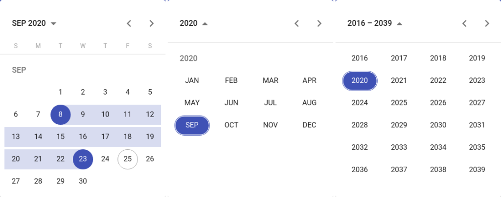 Material date range picker: day, month and year views
